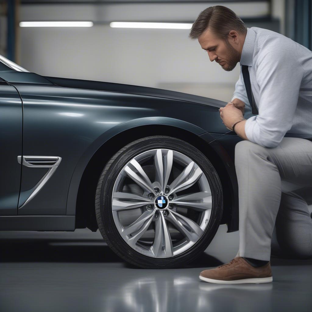 Hình ảnh chuyên gia đang kiểm tra bánh xe BMW 7 Series