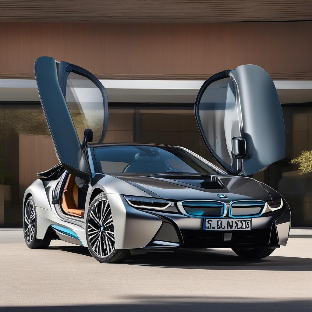 BMW i8 Giá Lăn Bánh: Hình ảnh chi tiết về ngoại thất BMW i8 với cửa cánh bướm mở rộng, thể hiện thiết kế hiện đại và sang trọng.