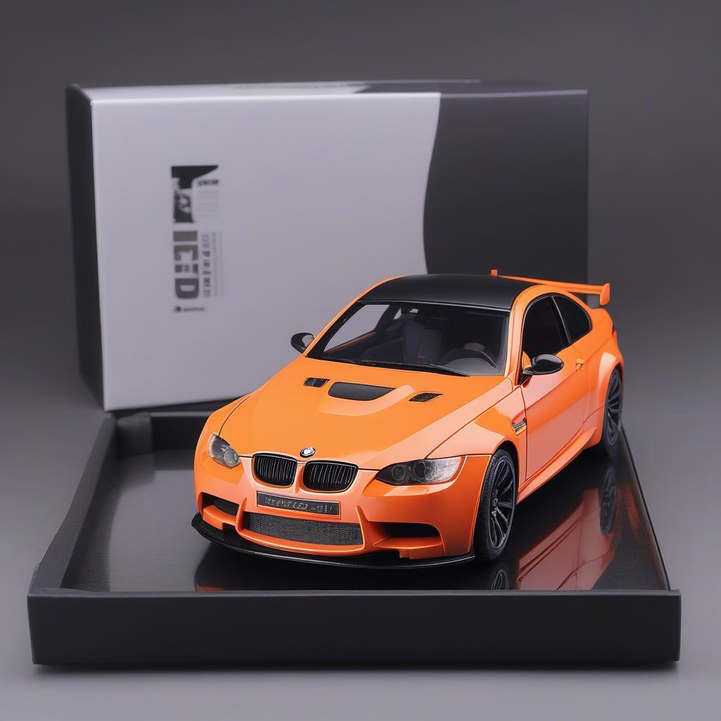 Mô hình BMW M3 GTS Kyosho trong hộp đựng sang trọng, thích hợp làm quà tặng.