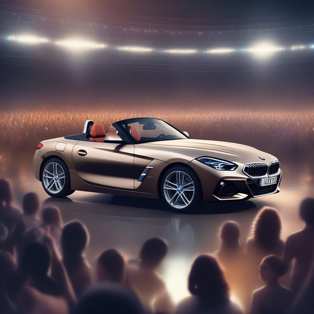 Giải Thưởng BMW Z4 tại Mỹ: Chiếc xe thể thao sang trọng đậu trên bục chiến thắng, xung quanh là ánh đèn flash và tiếng reo hò của đám đông.