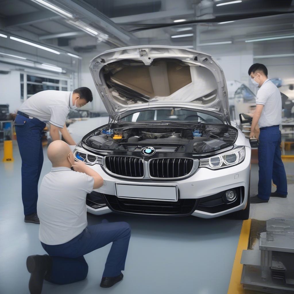 Kỹ thuật viên BMW Cầu Giấy: Hình ảnh đội ngũ kỹ thuật viên chuyên nghiệp tại BMW Cầu Giấy đang kiểm tra và sửa chữa động cơ BMW 4.4.