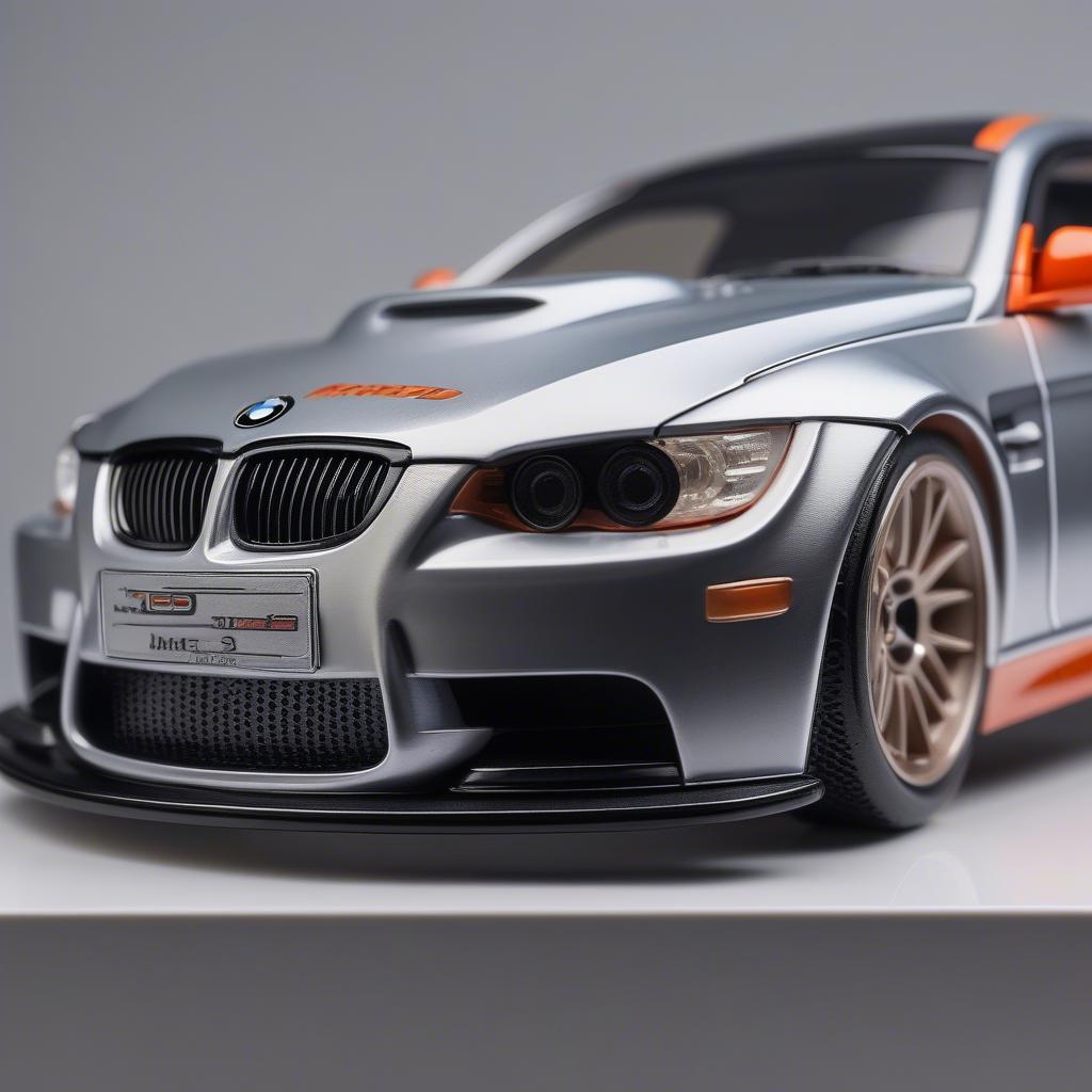 Mô hình Kyosho BMW M3 GTS với các chi tiết tinh xảo như lưới tản nhiệt, đèn pha và đường gân dập nổi.