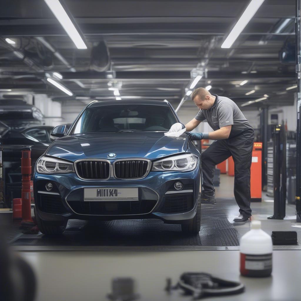 Bảo dưỡng định kỳ BMW tại Milton Keynes - Hình ảnh kỹ thuật viên thay dầu cho xe BMW.