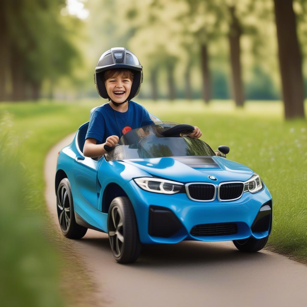 Bé trai lái xe BMW điện màu xanh