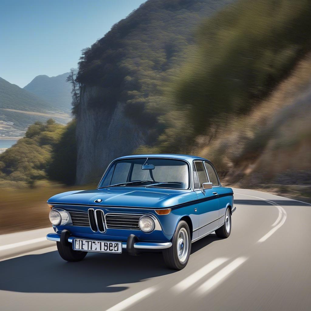 BMW 1602 màu xanh dương sang trọng, đang di chuyển trên đường.