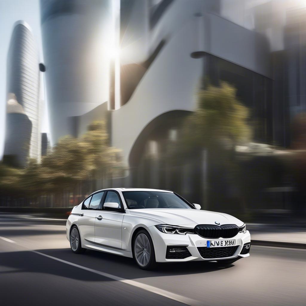 BMW 3 Series màu trắng trên đường phố