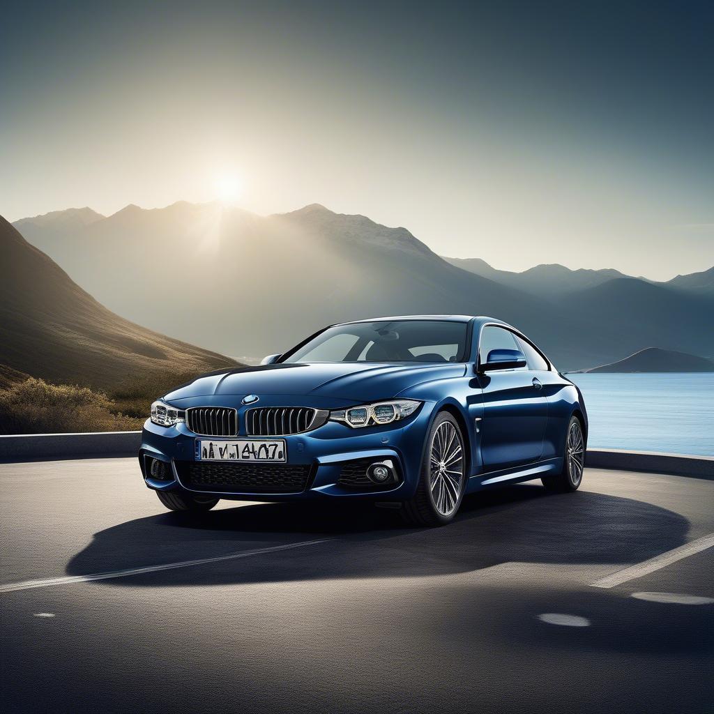 BMW 4 Series Coupe màu xanh đậm thể thao, đậu trên đường ven biển với phong cảnh núi non hùng vĩ.