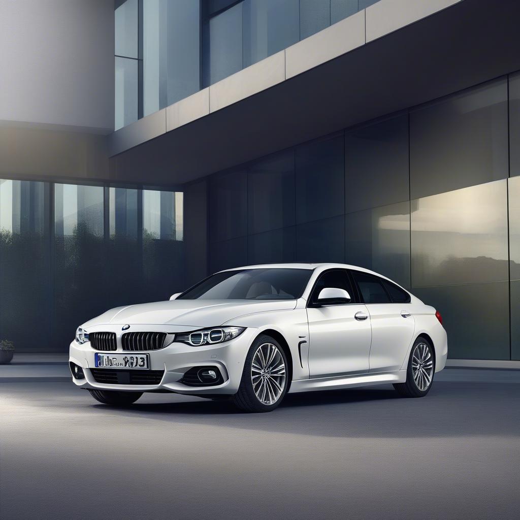 BMW 4 Series Gran Coupe màu trắng, đậu trước một tòa nhà hiện đại, thể hiện sự sang trọng và đẳng cấp. 