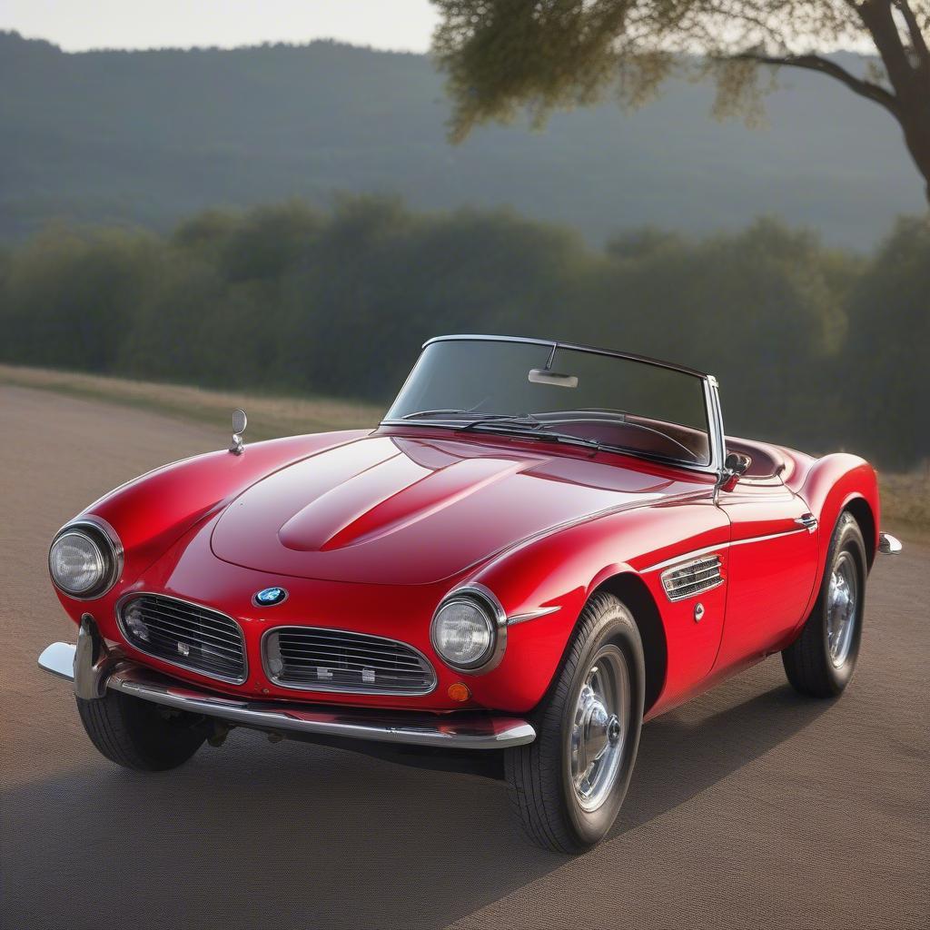 BMW 507 Roadster đỏ rực đang được rao bán, nội thất da sang trọng, vô lăng cổ điển.