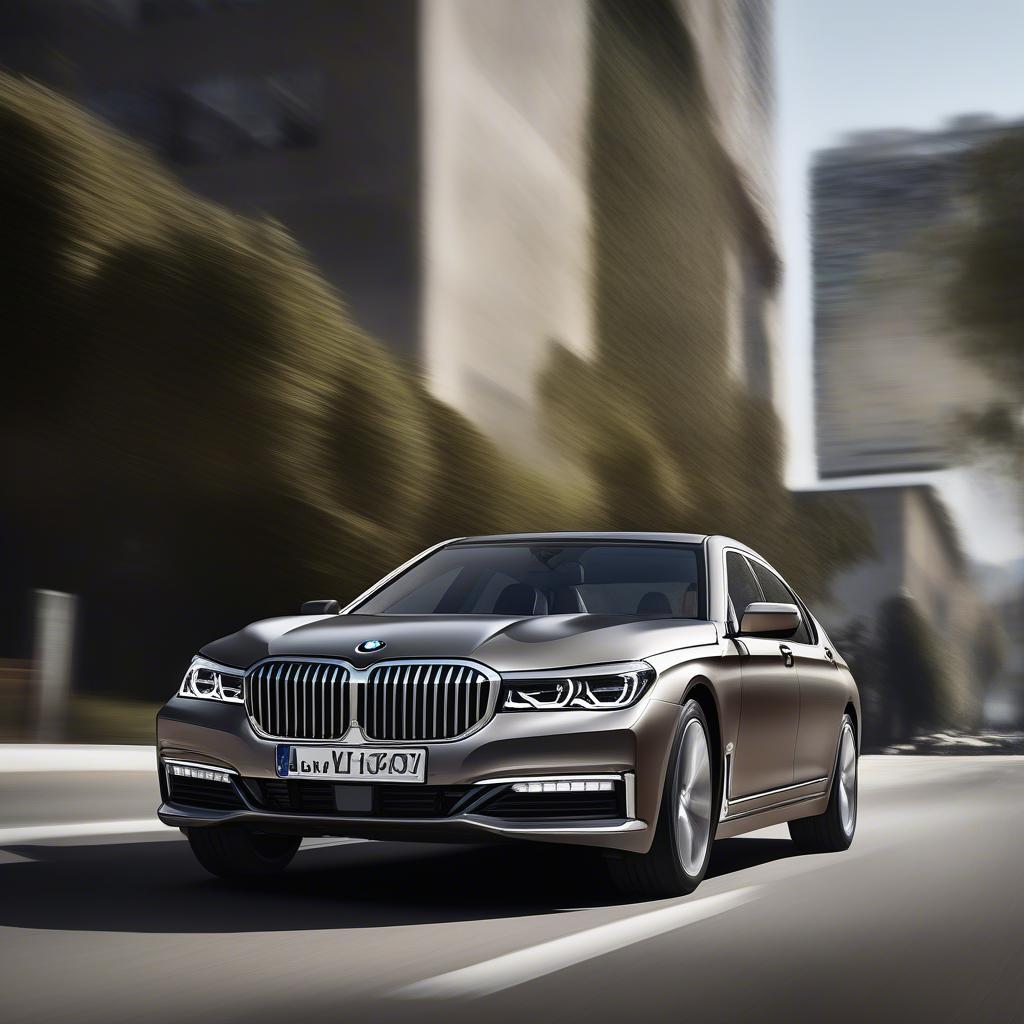 BMW 740Li Mẫu Xe Sang Trọng - Hình ảnh BMW 740Li đang di chuyển trên đường, thể hiện sự sang trọng và đẳng cấp.