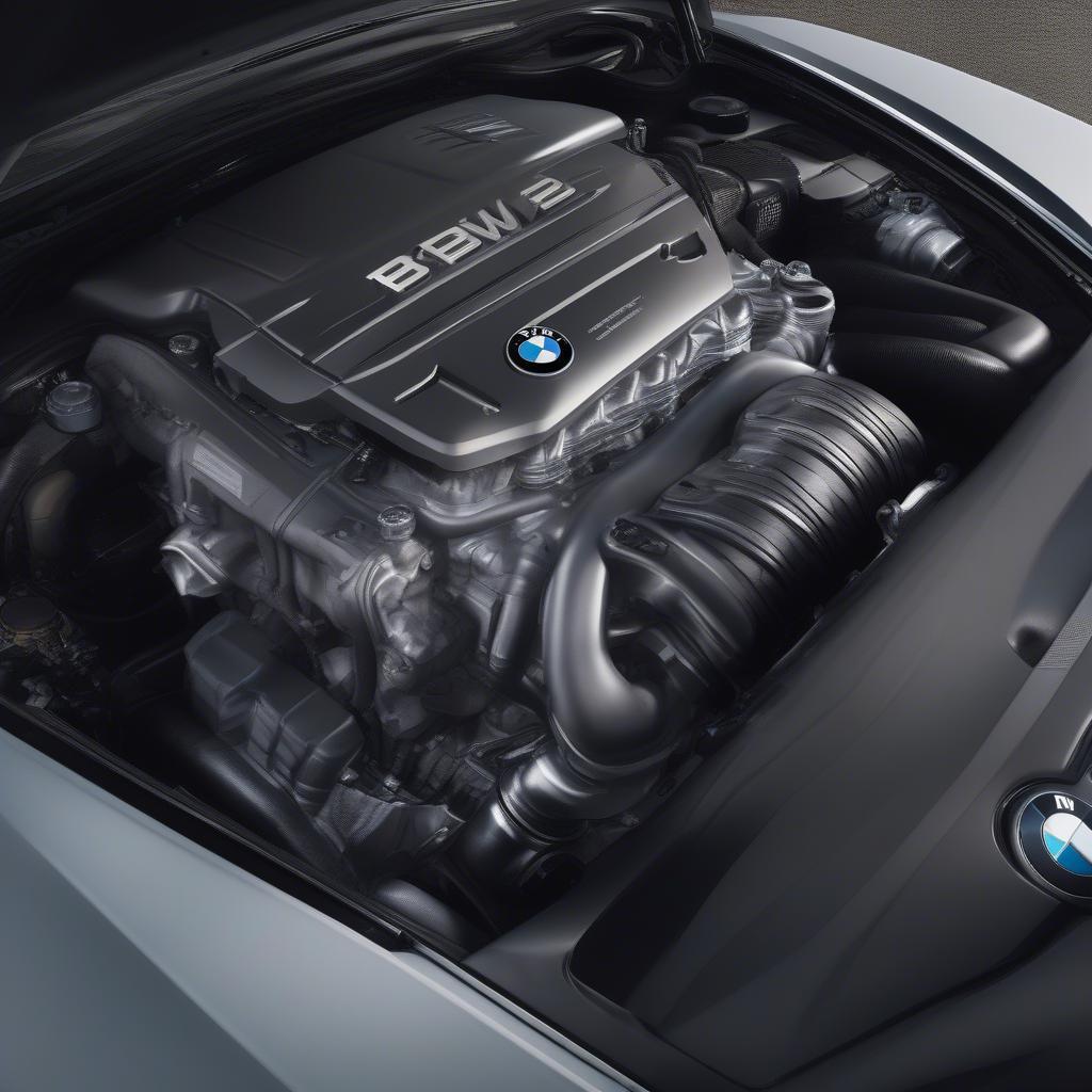 Hình ảnh cận cảnh động cơ BMW 8 Series. Các chi tiết động cơ được hiển thị rõ nét, thể hiện công nghệ tiên tiến và sức mạnh vượt trội. Ánh sáng chiếu vào động cơ tạo nên vẻ đẹp mạnh mẽ, hiện đại.