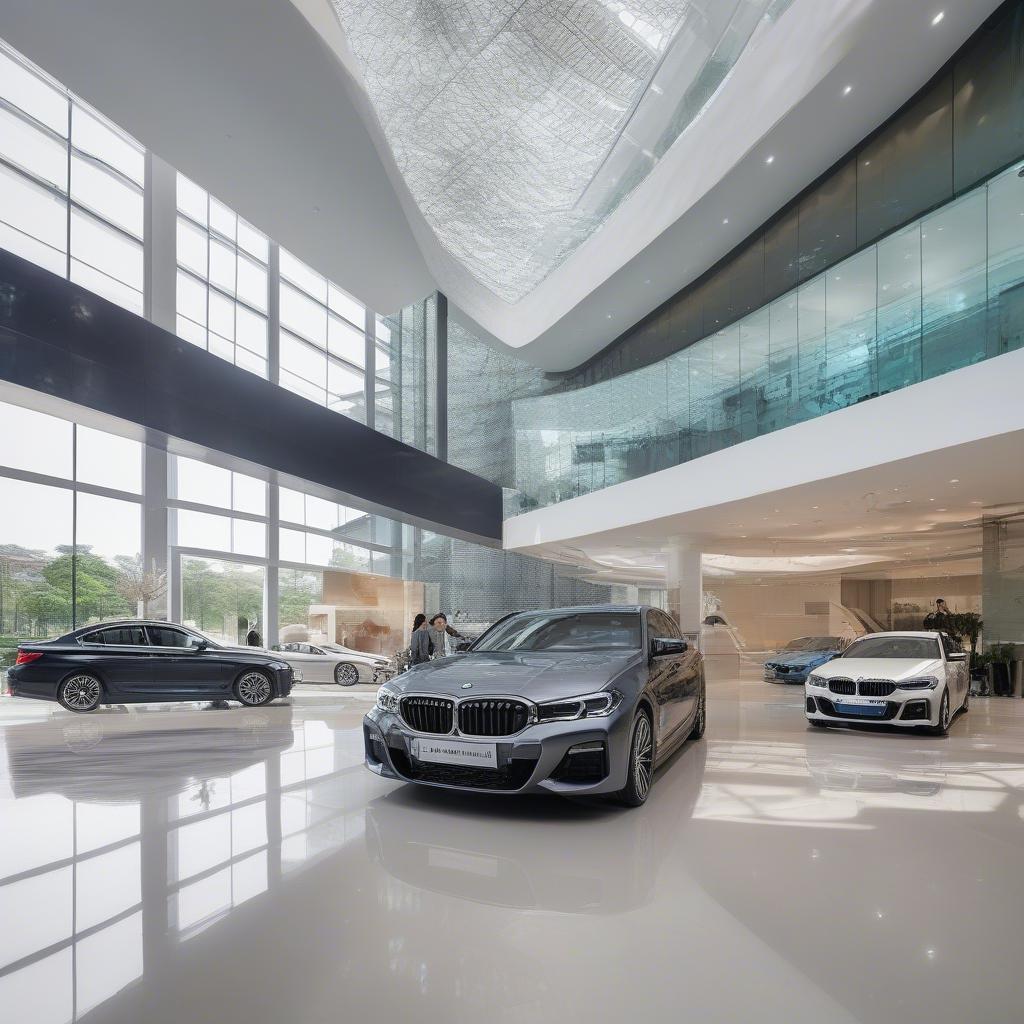 Hình ảnh showroom BMW Cầu Giấy với những chiếc xe sang trọng.