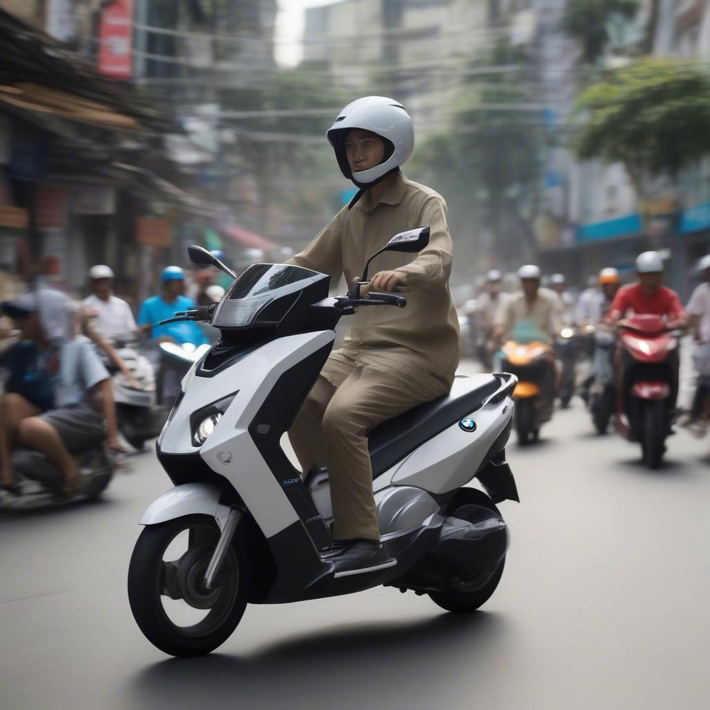 BMW C1 di chuyển linh hoạt trên đường phố TPHCM, dễ dàng luồn lách qua những con phố đông đúc.