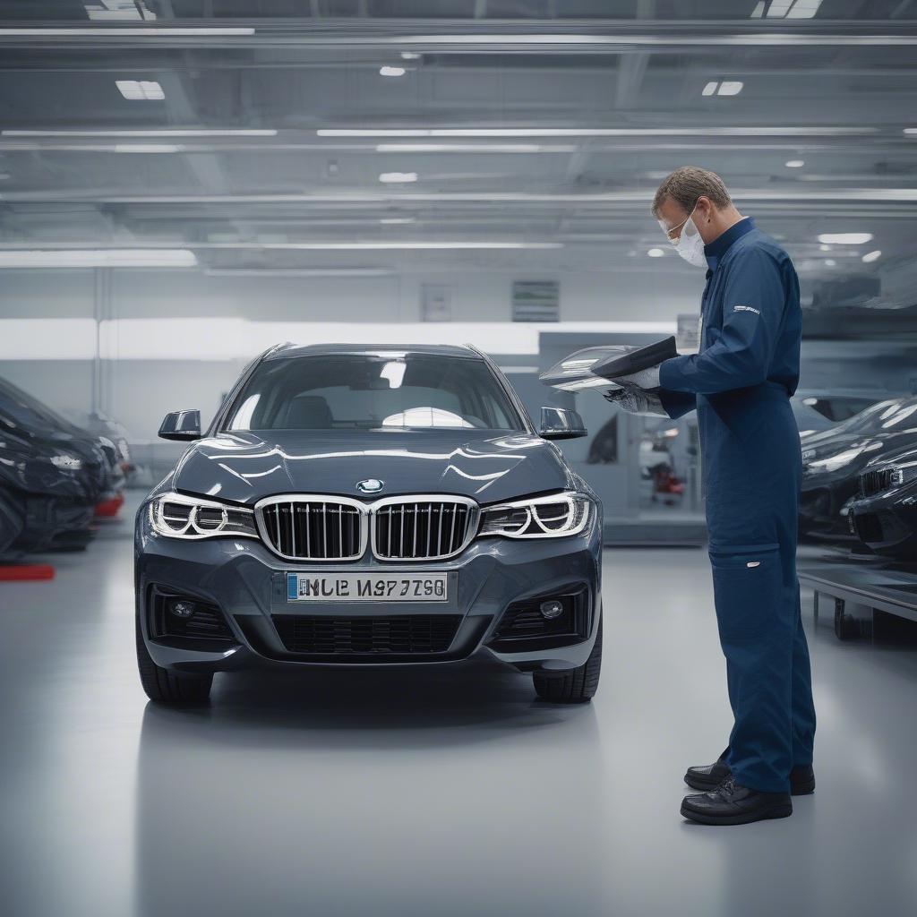 Kỹ thuật viên BMW đang kiểm tra xe tại xưởng dịch vụ.