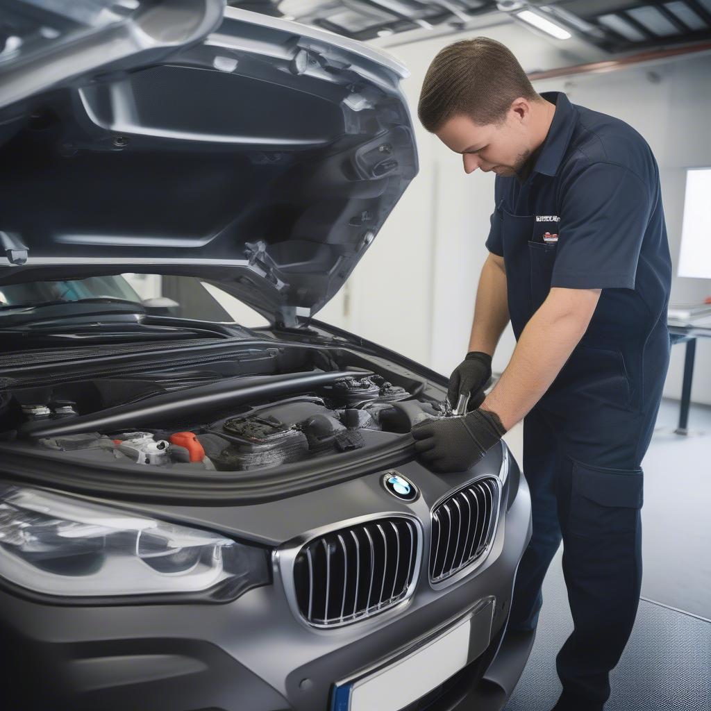 Kỹ thuật viên đang bảo dưỡng BMW