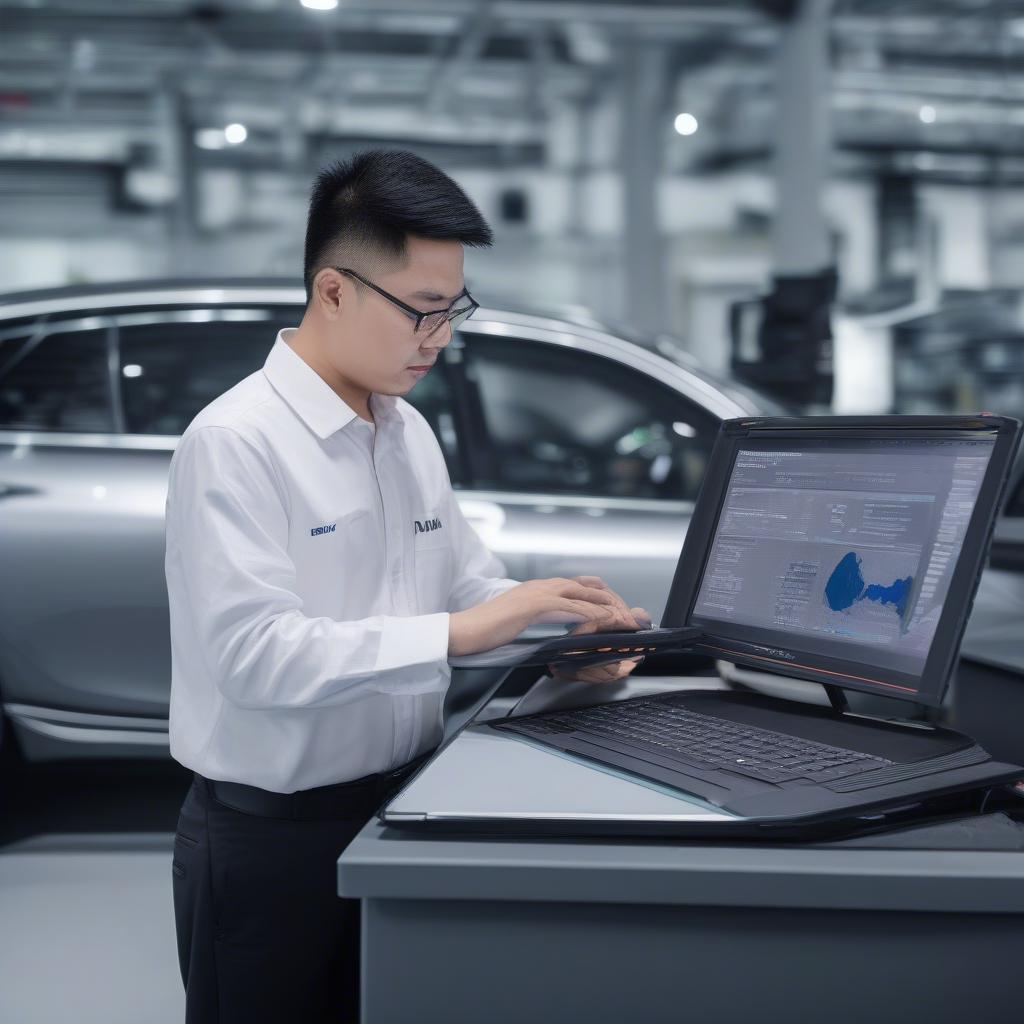 Kỹ thuật viên đang thực hiện BMW coding ISATA tại BMW Cầu Giấy