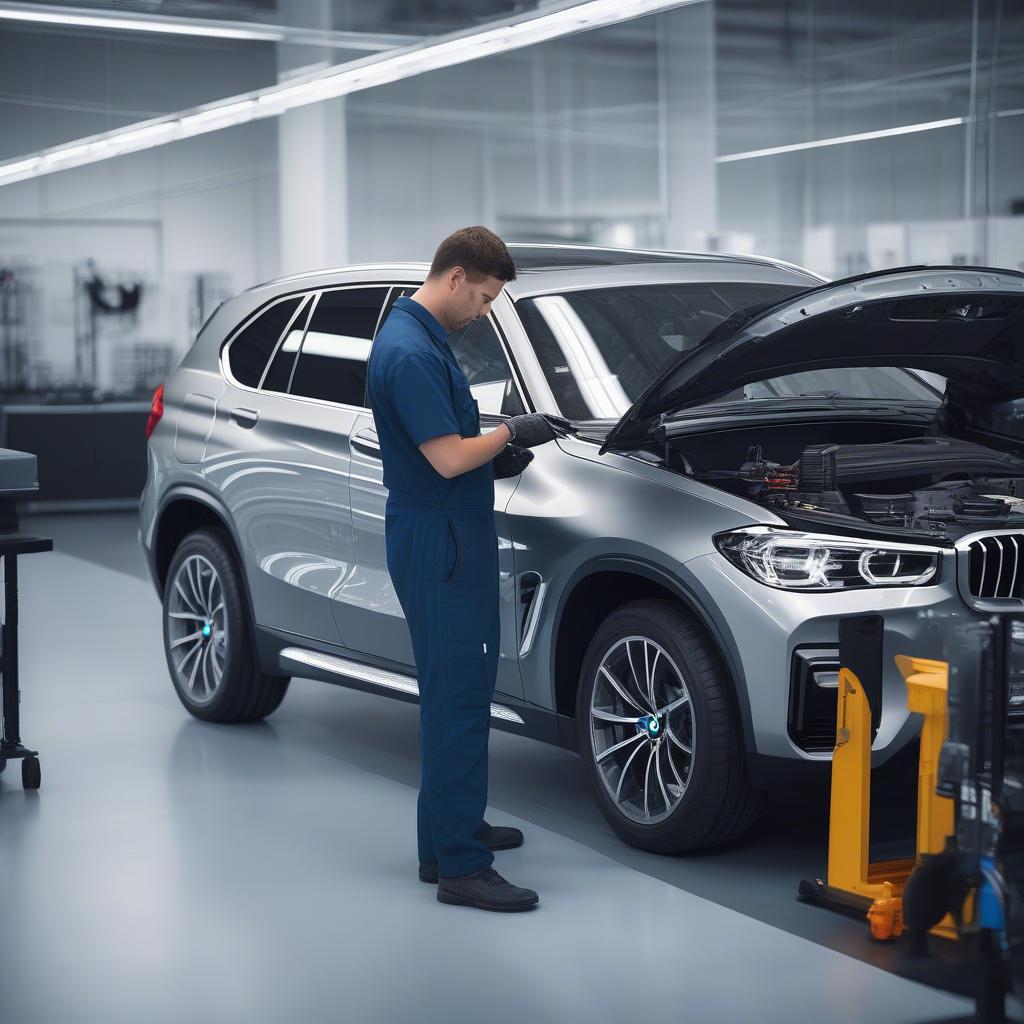 Dịch vụ hậu mãi BMW: Hình ảnh kỹ thuật viên đang kiểm tra xe BMW