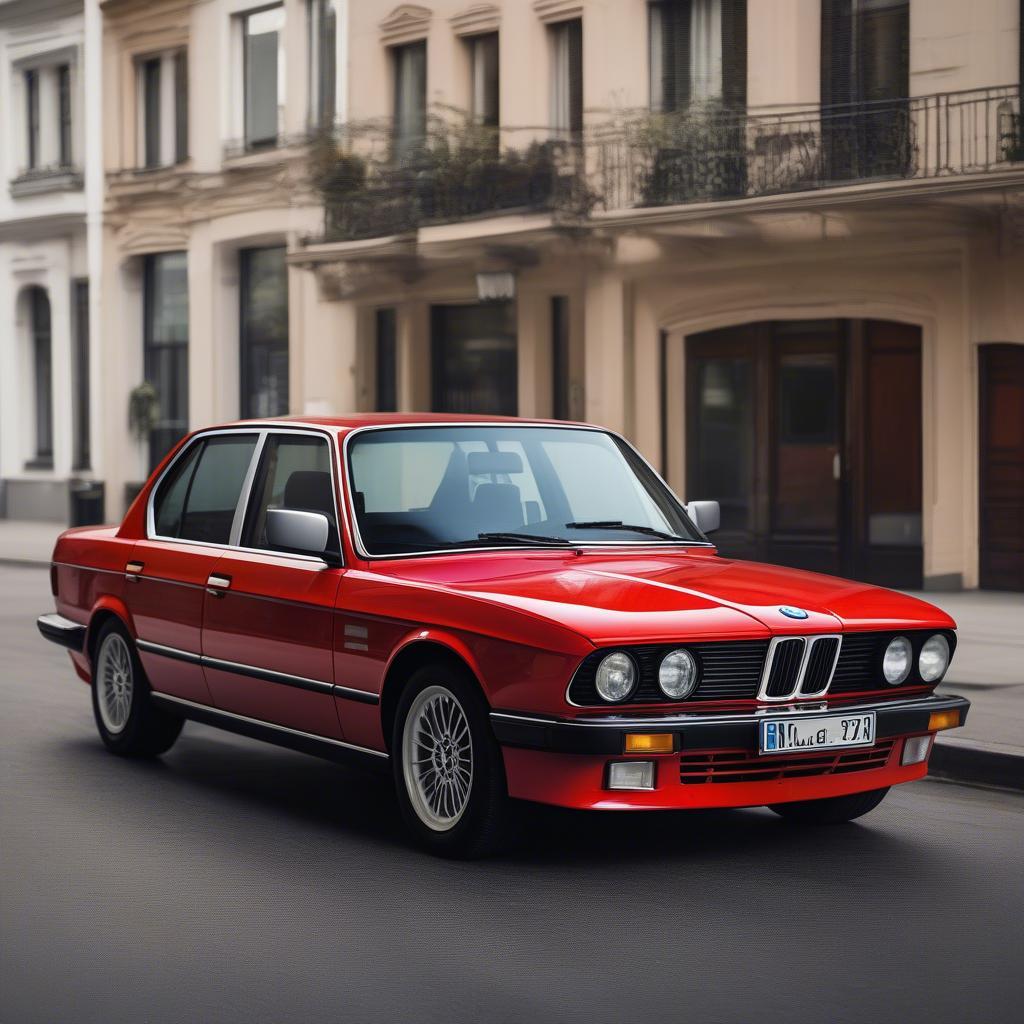 BMW E28 màu đỏ nổi bật trên đường