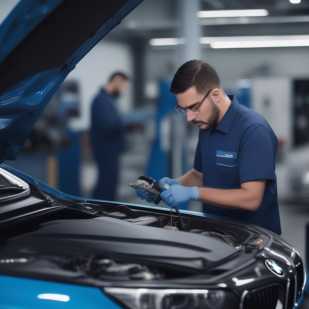 Kỹ thuật viên BMW Edison Service đang kiểm tra xe