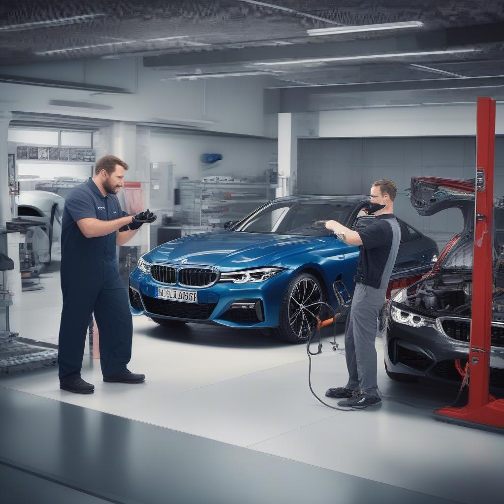 Kỹ thuật viên BMW đang hỗ trợ khách hàng sử dụng dịch vụ BMW Emergency Service