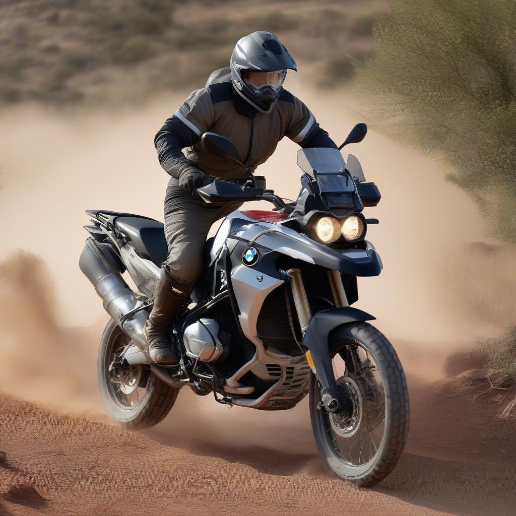 BMW F700GS Off-road: Hình ảnh BMW F700GS vượt địa hình off-road đầy thử thách, thể hiện khả năng vận hành mạnh mẽ và linh hoạt.