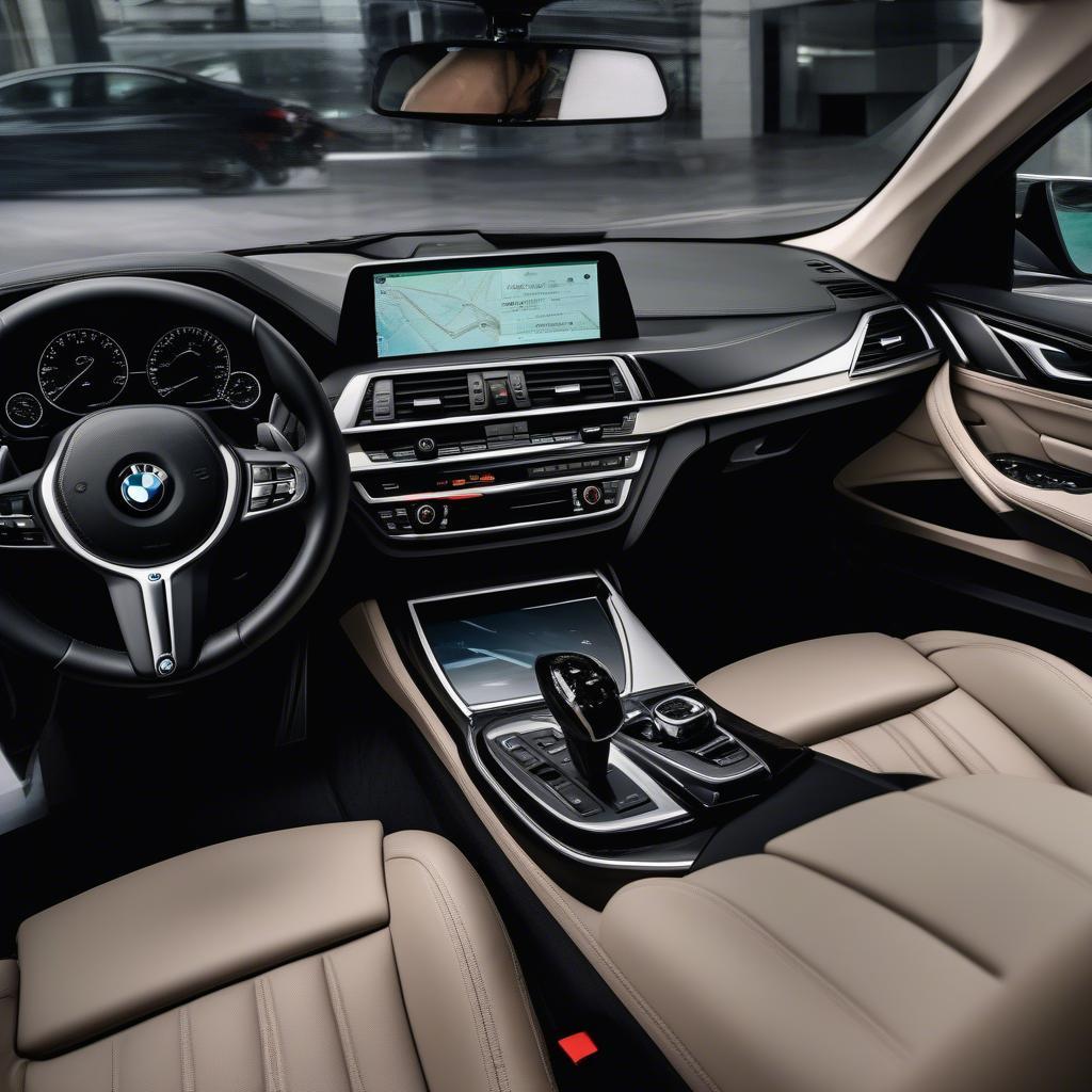 Hình ảnh nội thất BMW Hong Kong thể hiện các tính năng công nghệ tiên tiến trên xe hơi.