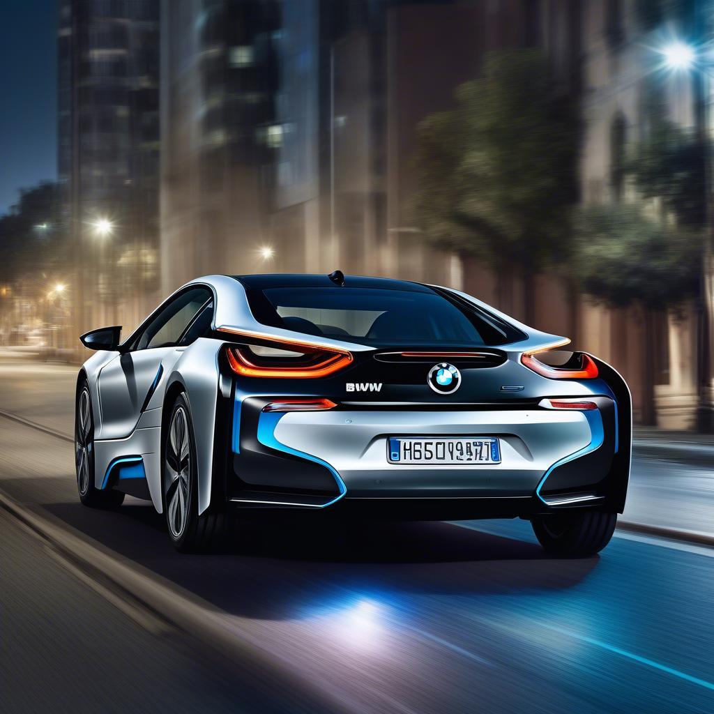 BMW i8 với đèn laser chiếu sáng trên đường phố, nổi bật với thiết kế hiện đại và công nghệ tiên tiến.