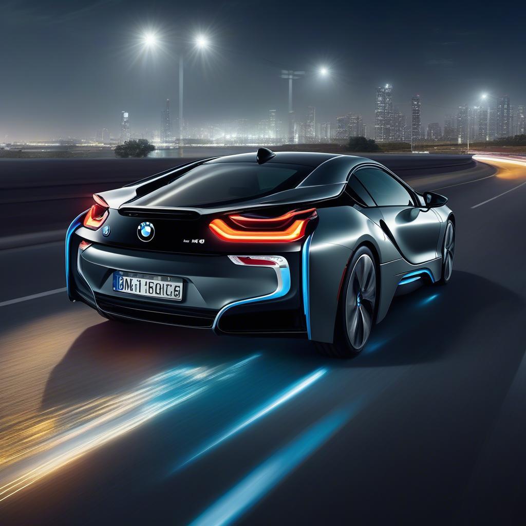 Đèn laser BMW i8 chiếu sáng đường cao tốc vào ban đêm, thể hiện công nghệ chiếu sáng tiên tiến và tầm nhìn xa.