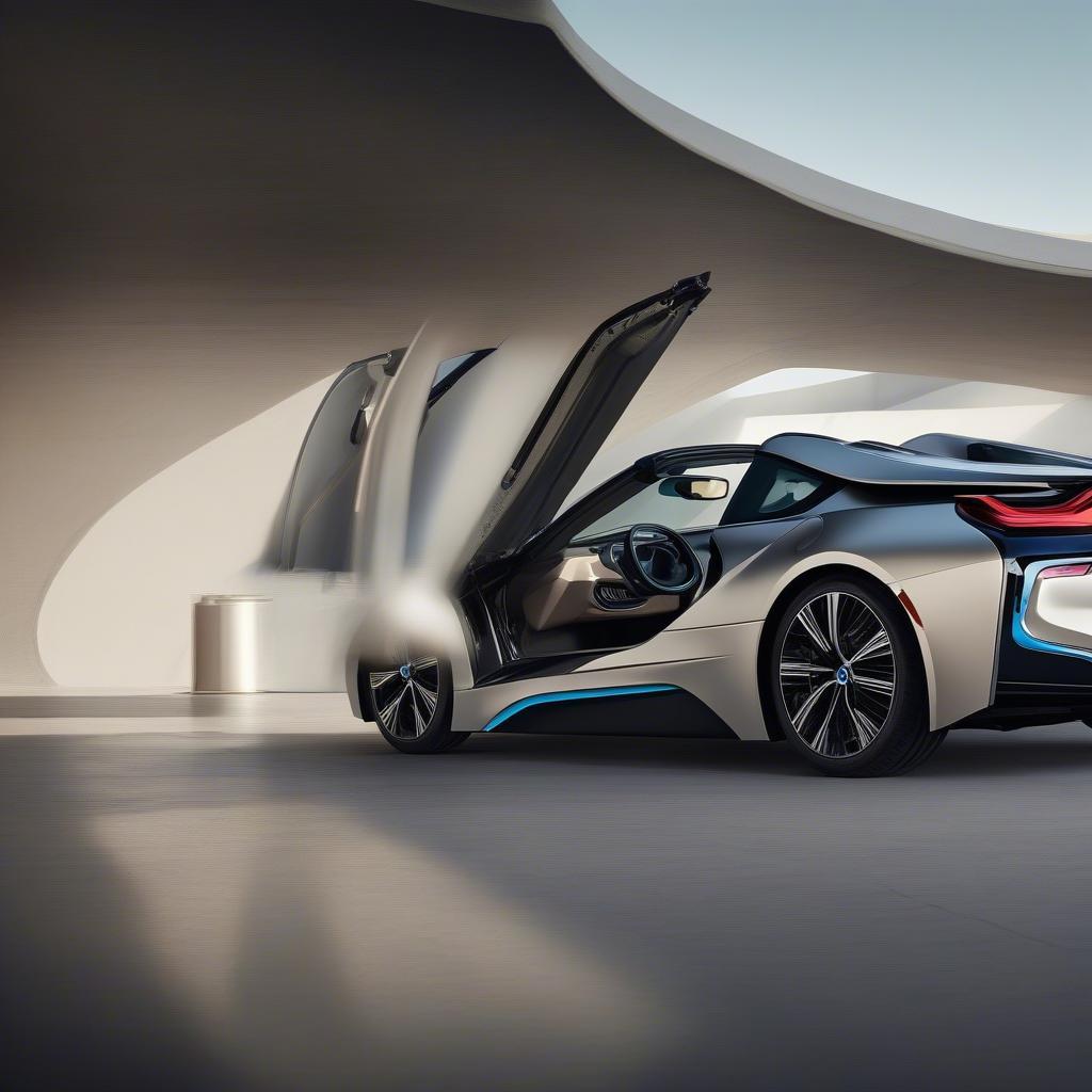 Ngoại thất BMW i8 Roadster với thiết kế cửa cánh chim độc đáo và thân xe khí động học.