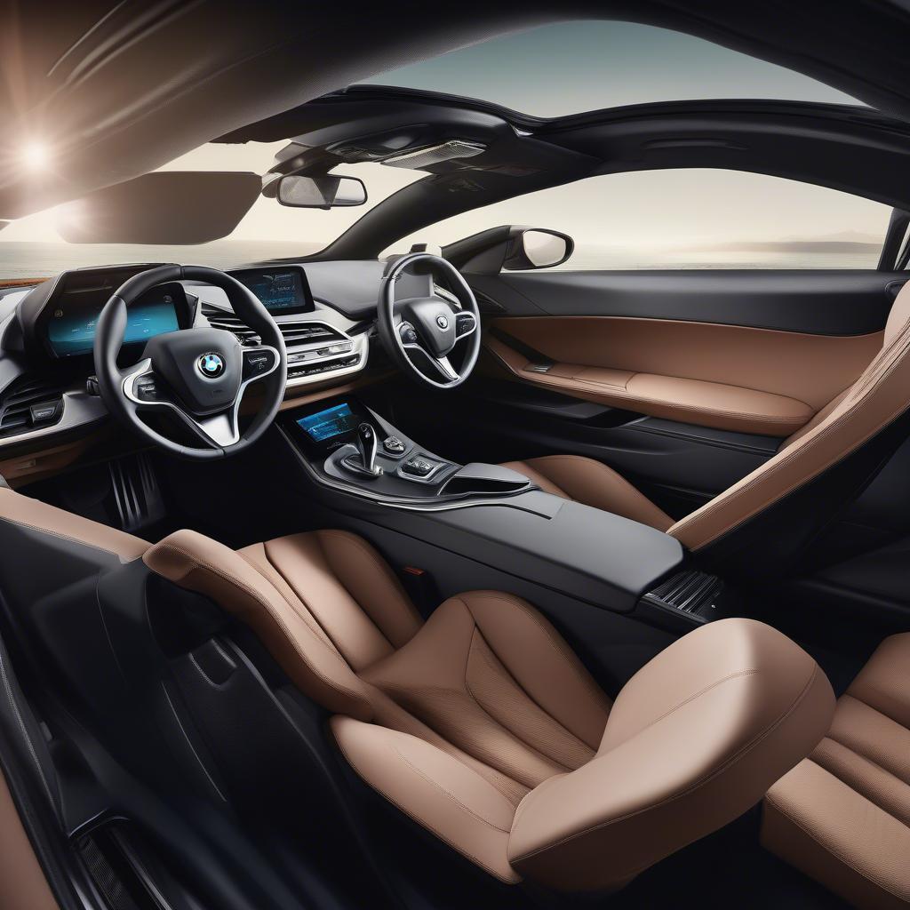 Nội thất BMW i8 Roadster với màn hình cảm ứng lớn và các công nghệ tiên tiến.