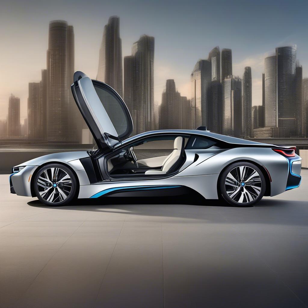 Thiết kế đột phá của BMW i8: Cánh cửa mở dạng cánh chim, đường gân sắc nét và thân xe khí động học.