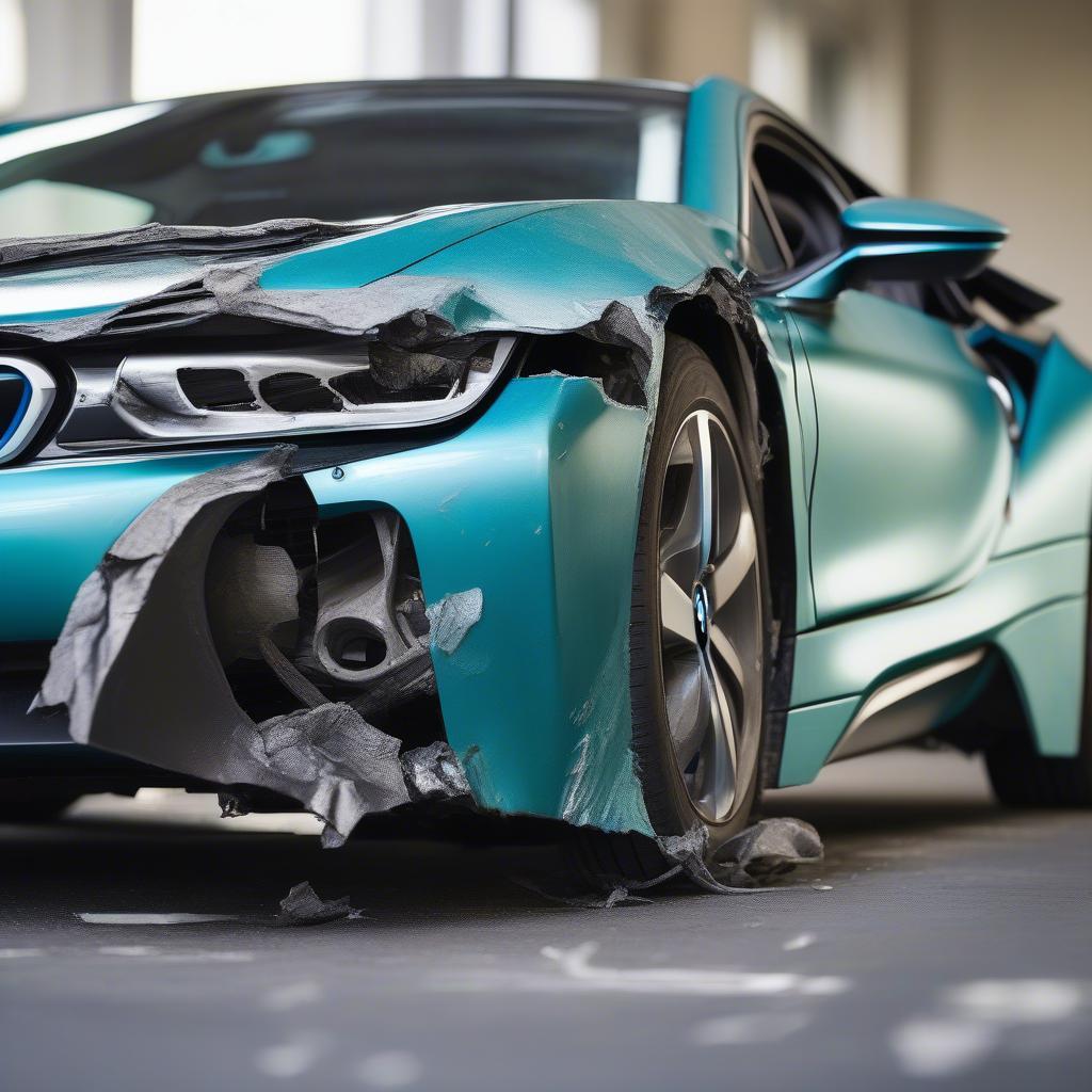 Hình ảnh BMW i8 xanh ngọc bị tai nạn nát bên trái