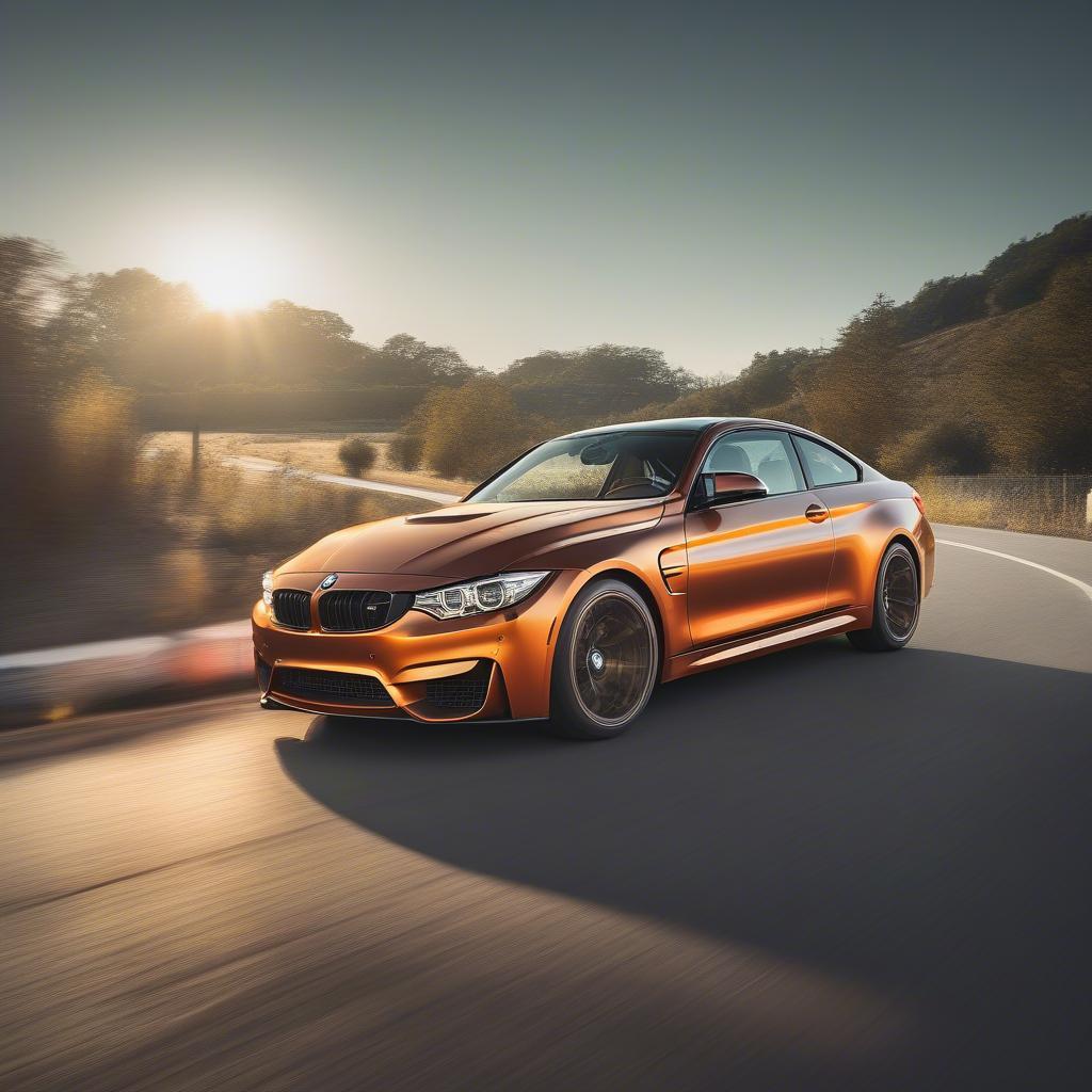 Ngoại thất BMW M4 Coupe màu cam rực rỡ dưới ánh nắng mặt trời.