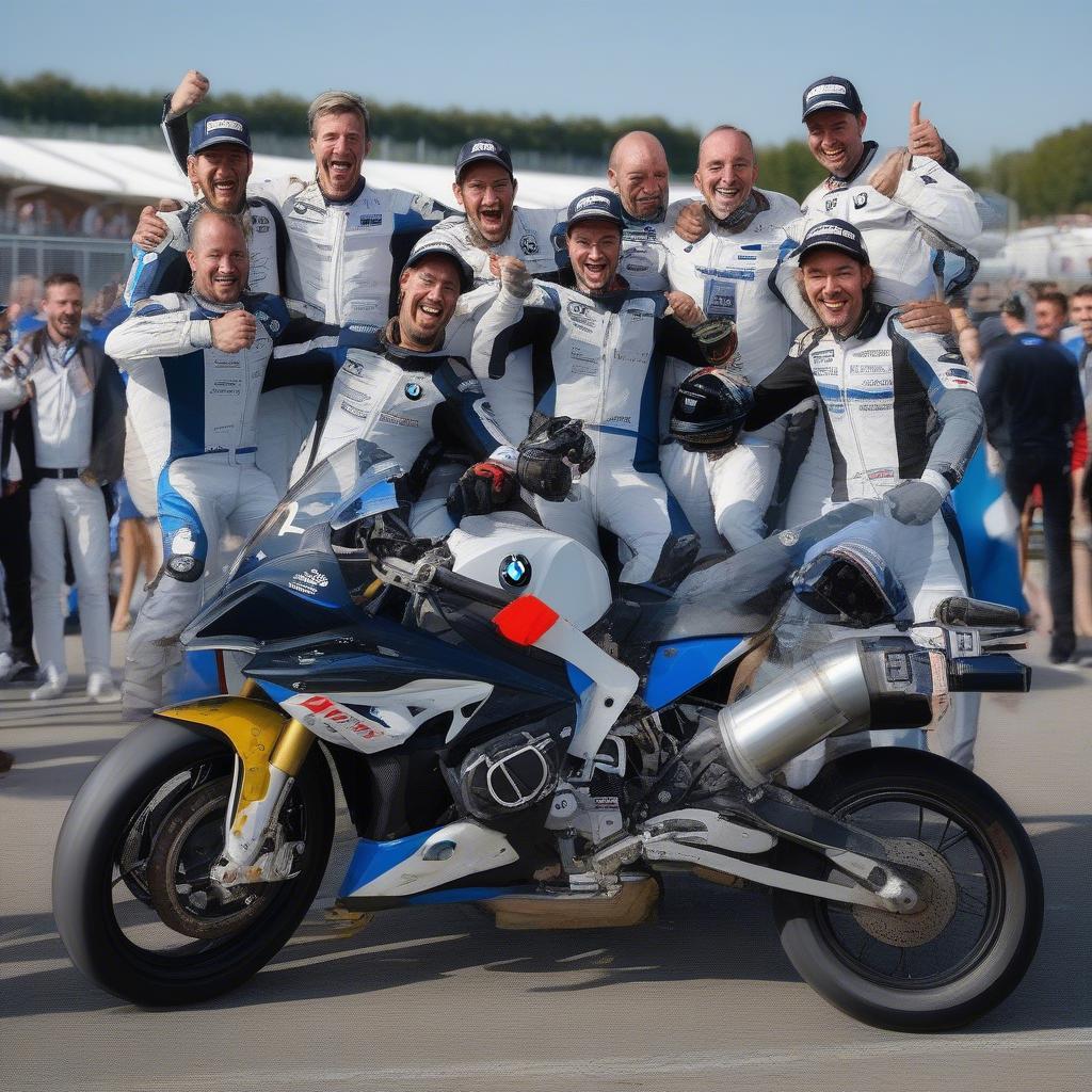 Đội đua BMW Motorrad FIM EWC Team ăn mừng chiến thắng.