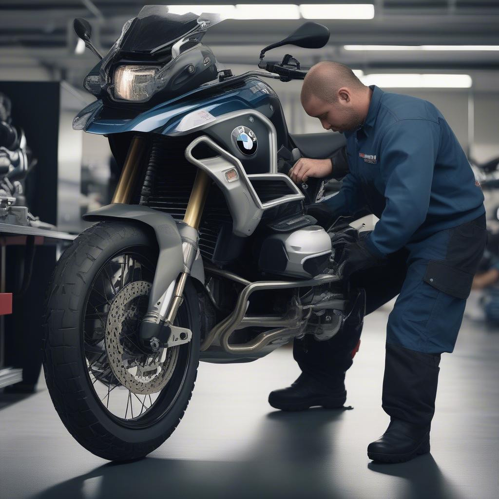 Kỹ thuật viên đang bảo dưỡng xe tại BMW Motorrad Madrid