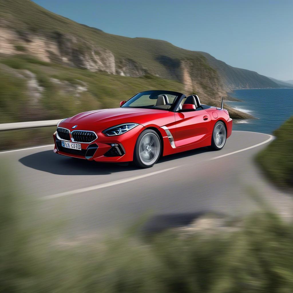 BMW Z4 sang trọng, mui trần 2 chỗ, màu đỏ, đậu trên đường ven biển, phong cảnh tuyệt đẹp