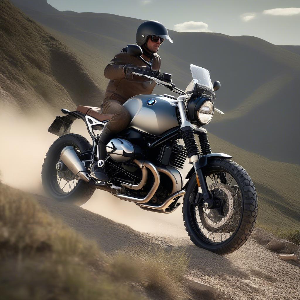 BMW R NineT Scrambler mạnh mẽ lướt trên đường offroad gồ ghề, thể hiện khả năng vượt địa hình ấn tượng.