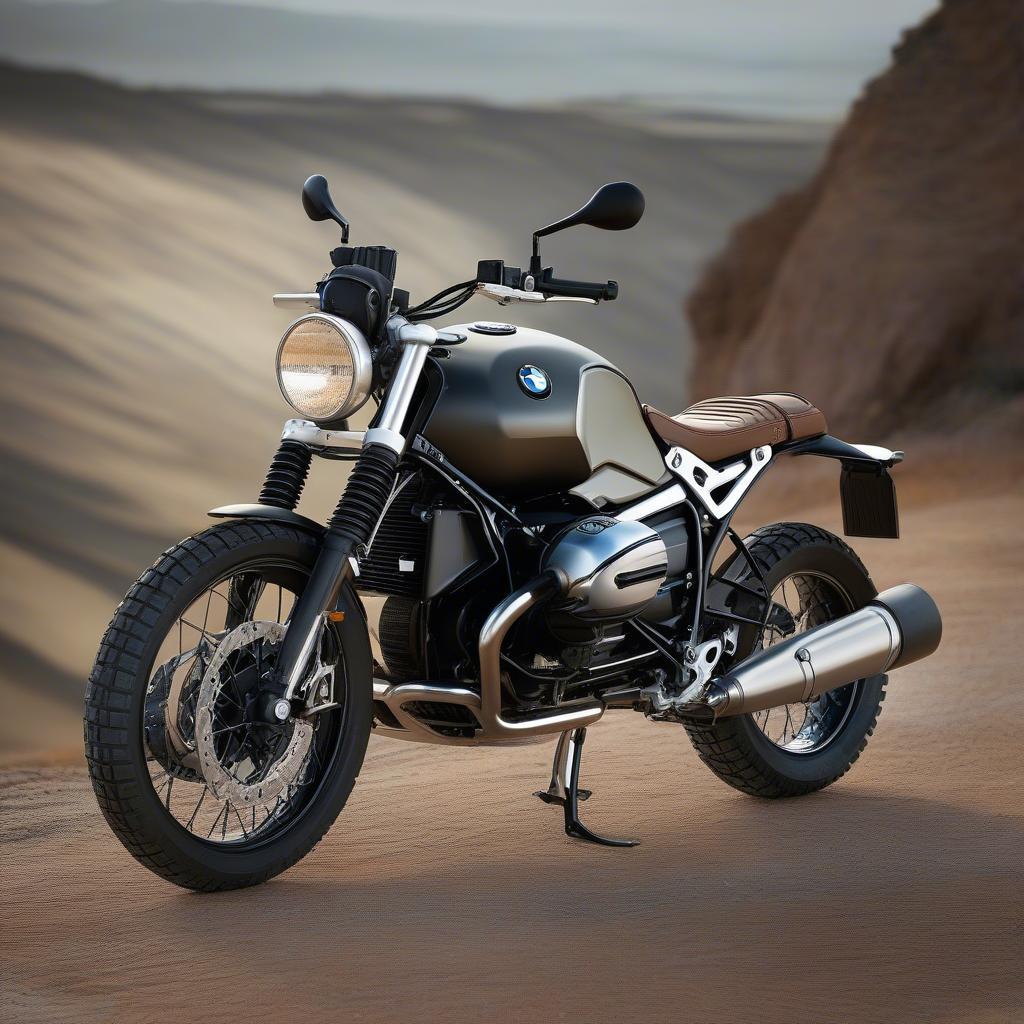 BMW R NineT Scrambler với phong cách phiêu lưu đầy bụi bặm và mạnh mẽ, sẵn sàng chinh phục mọi địa hình.