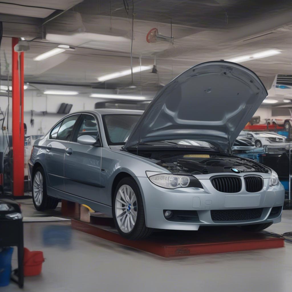 Hình ảnh quy trình bảo dưỡng xe BMW tại một xưởng sửa chữa ở Houston.