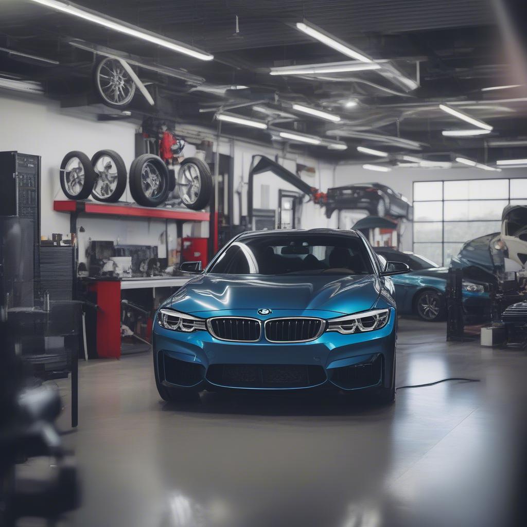 Hình ảnh một xưởng sửa chữa BMW hiện đại tại Houston với các thiết bị tiên tiến và kỹ thuật viên chuyên nghiệp.