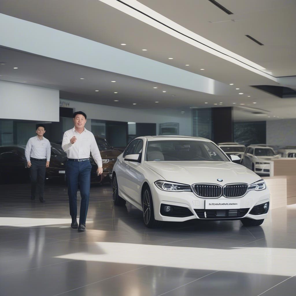 BMW RNT Trải Nghiệm Lái Xe: Hình ảnh khách hàng đang lái thử xe BMW tại showroom BMW Cầu Giấy.