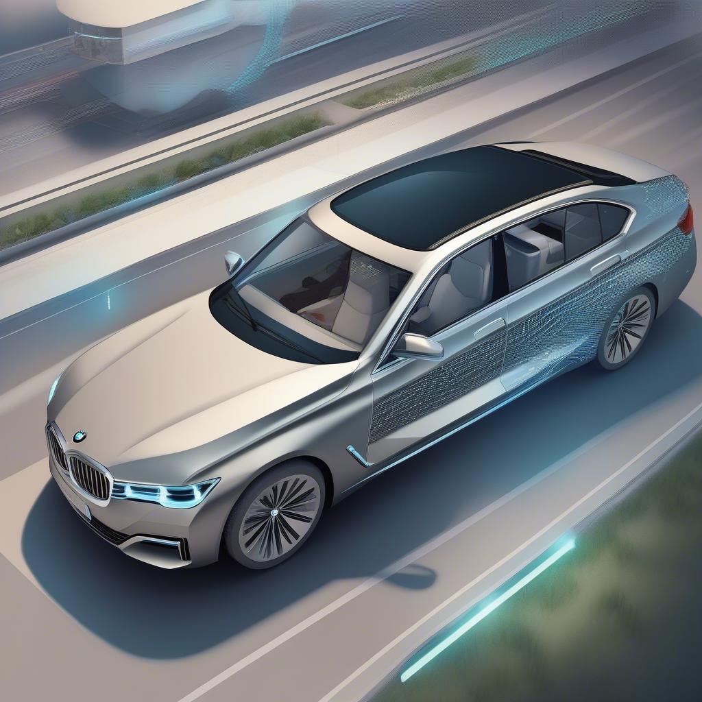 BMW RNT Xe Tự Lái: Hình ảnh minh họa công nghệ xe tự lái của BMW, với cảm biến và camera được tích hợp trên xe.