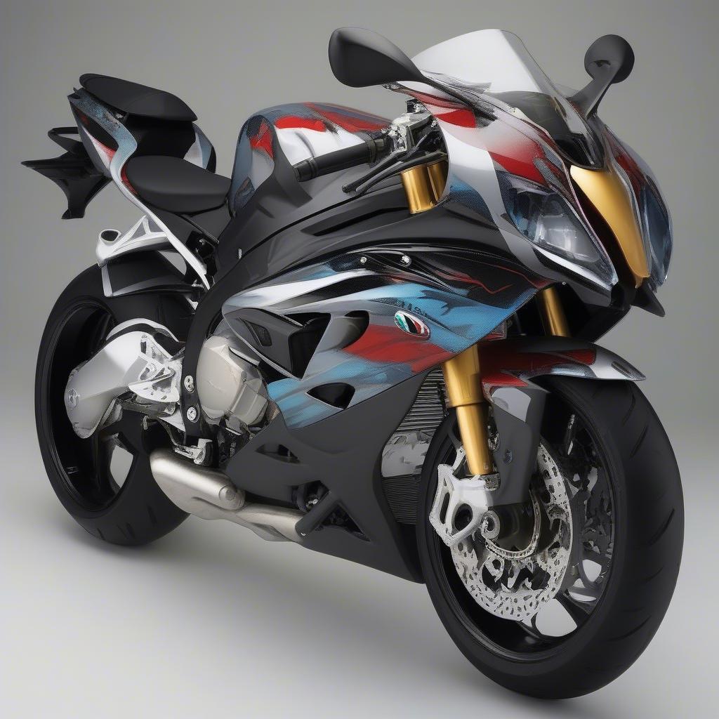 BMW S1000RR độ cá mập: Hình ảnh một chiếc BMW S1000RR được độ theo phong cách cá mập, với bộ quây khí động học, màu sơn đặc biệt và các chi tiết carbon fiber.