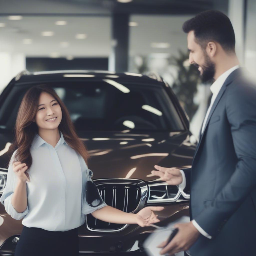 BMW Sala Quận 2: Nhân viên tư vấn đang hướng dẫn khách hàng các thủ tục mua xe BMW.