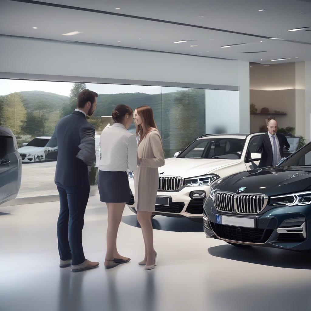 BMW Sala Quận 2: Khách hàng đang lựa chọn xe BMW tại showroom với sự tư vấn của nhân viên.