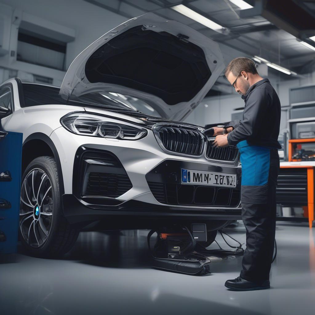 Kỹ thuật viên BMW San Rafael Service đang kiểm tra xe