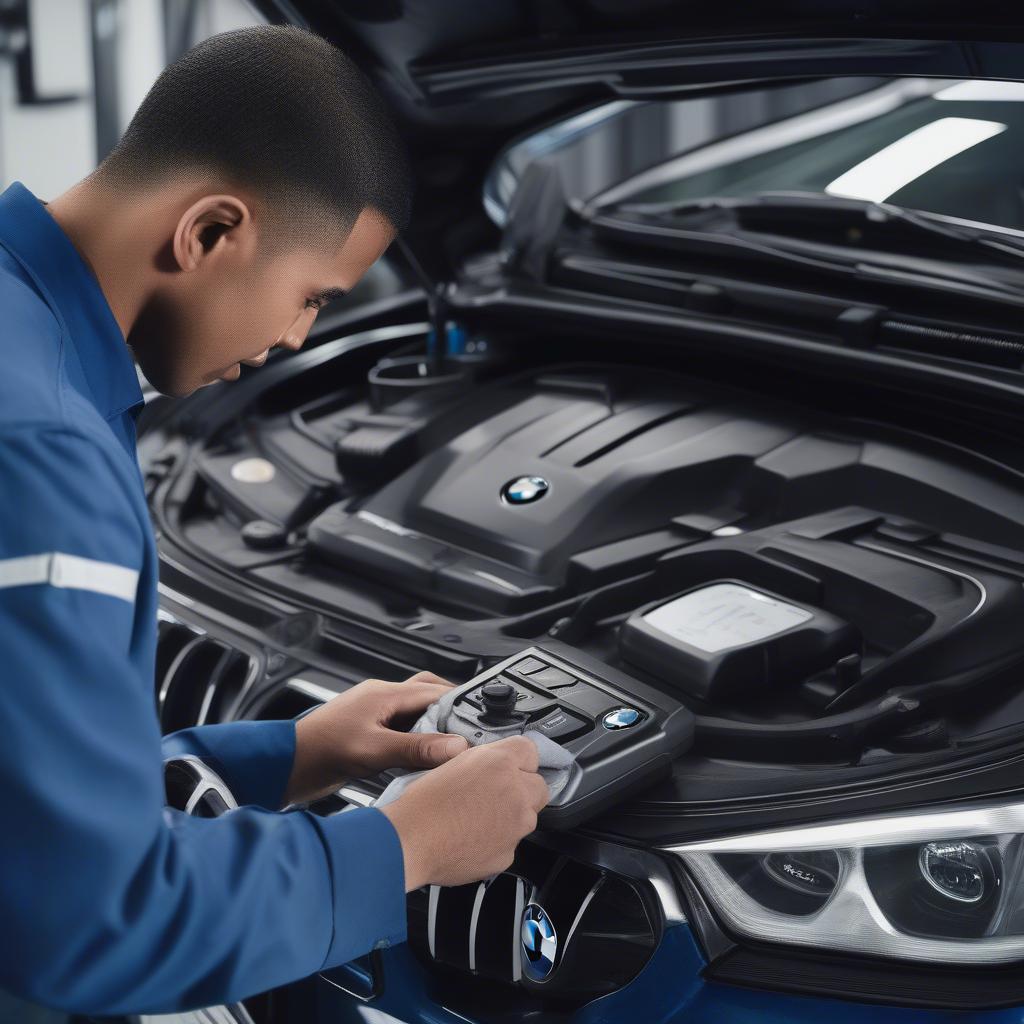 Kỹ thuật viên tại BMW Service Artarmon Sydney đang kiểm tra xe