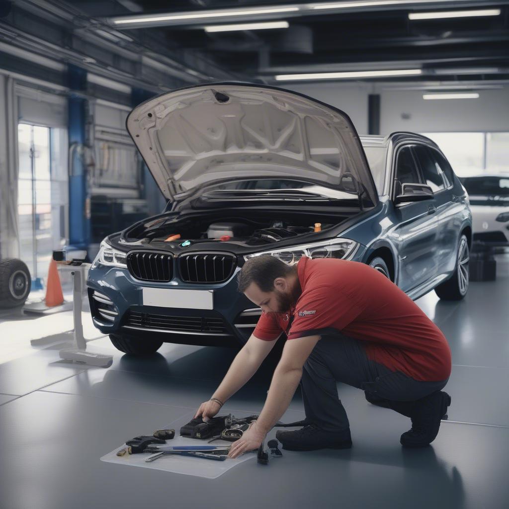 BMW Service Contract: Hình ảnh kỹ thuật viên đang bảo dưỡng xe BMW.