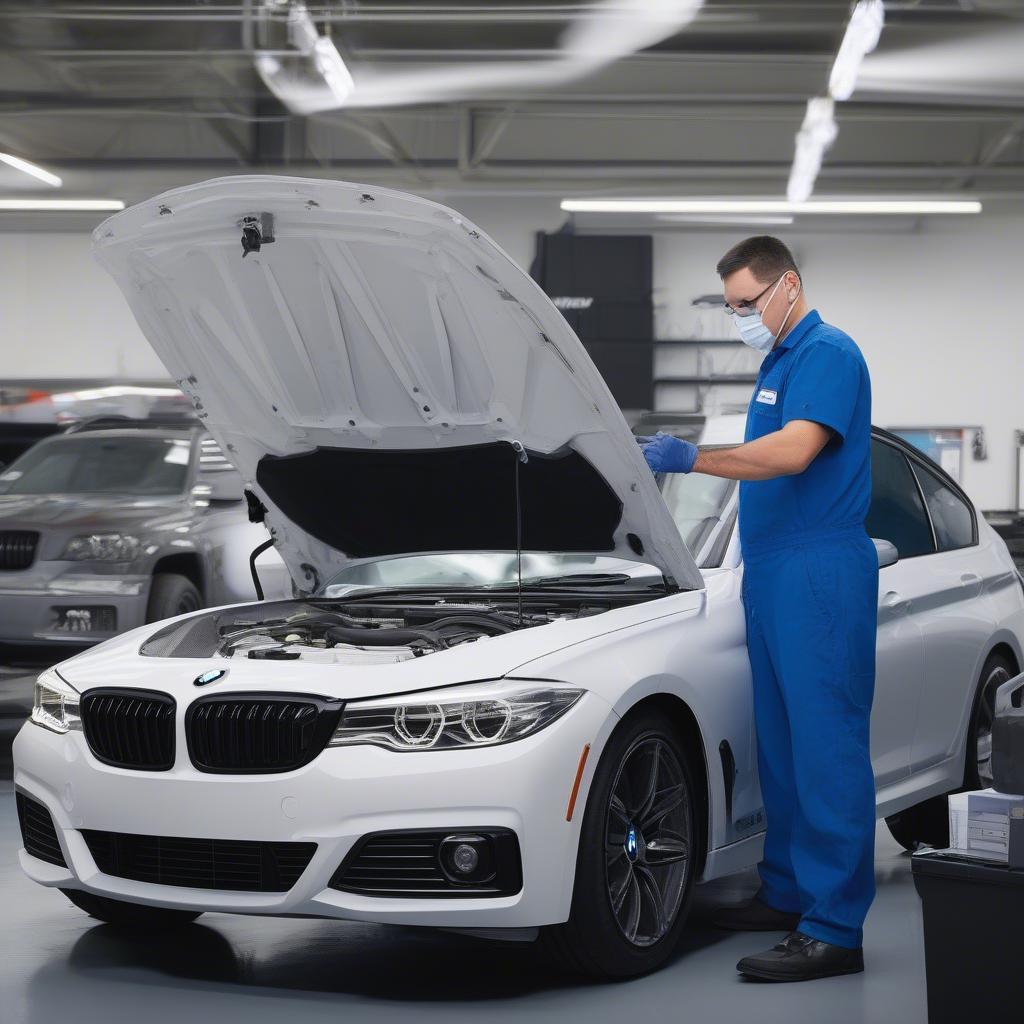 Kỹ thuật viên BMW Service Mountain View đang kiểm tra xe