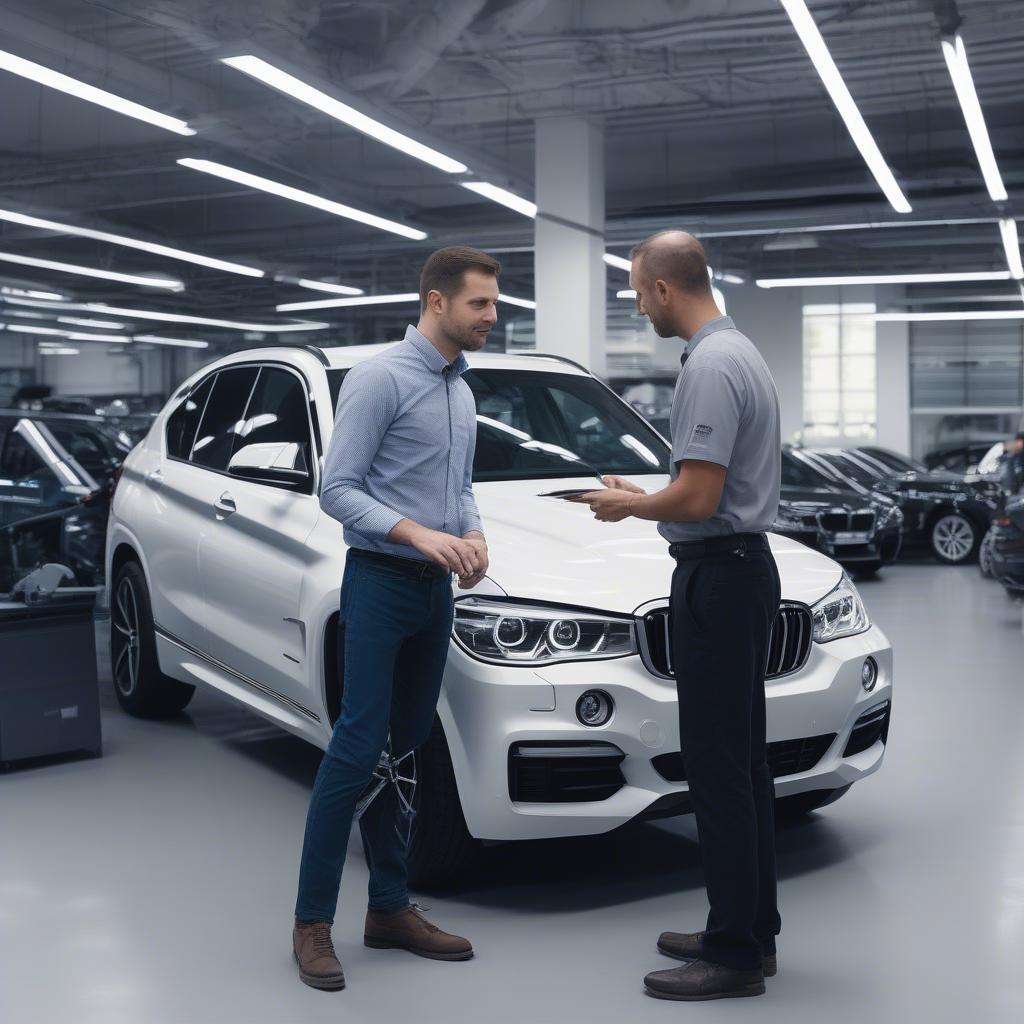 Khách hàng đang trao đổi với kỹ thuật viên tại trung tâm BMW